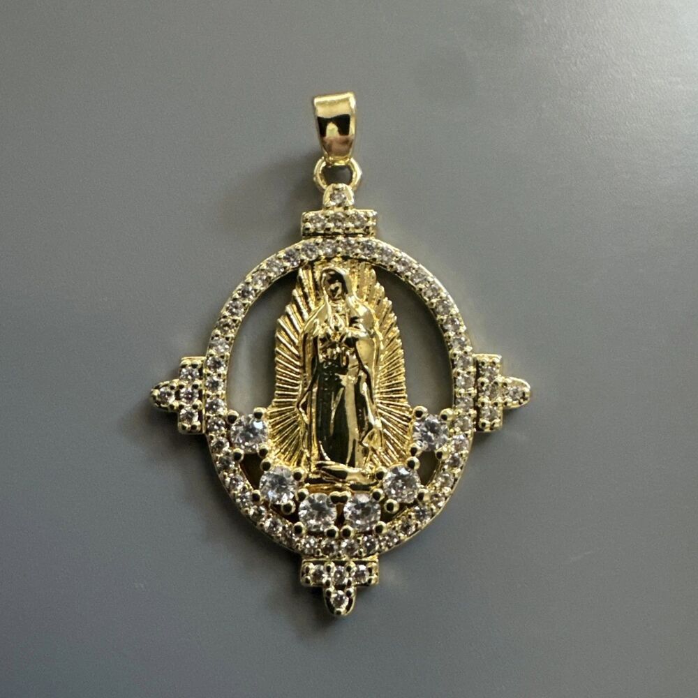 Gold Plated Virgin Mary Stainless Steel Pendant Jesus Christ Cubic Zirconia 20”